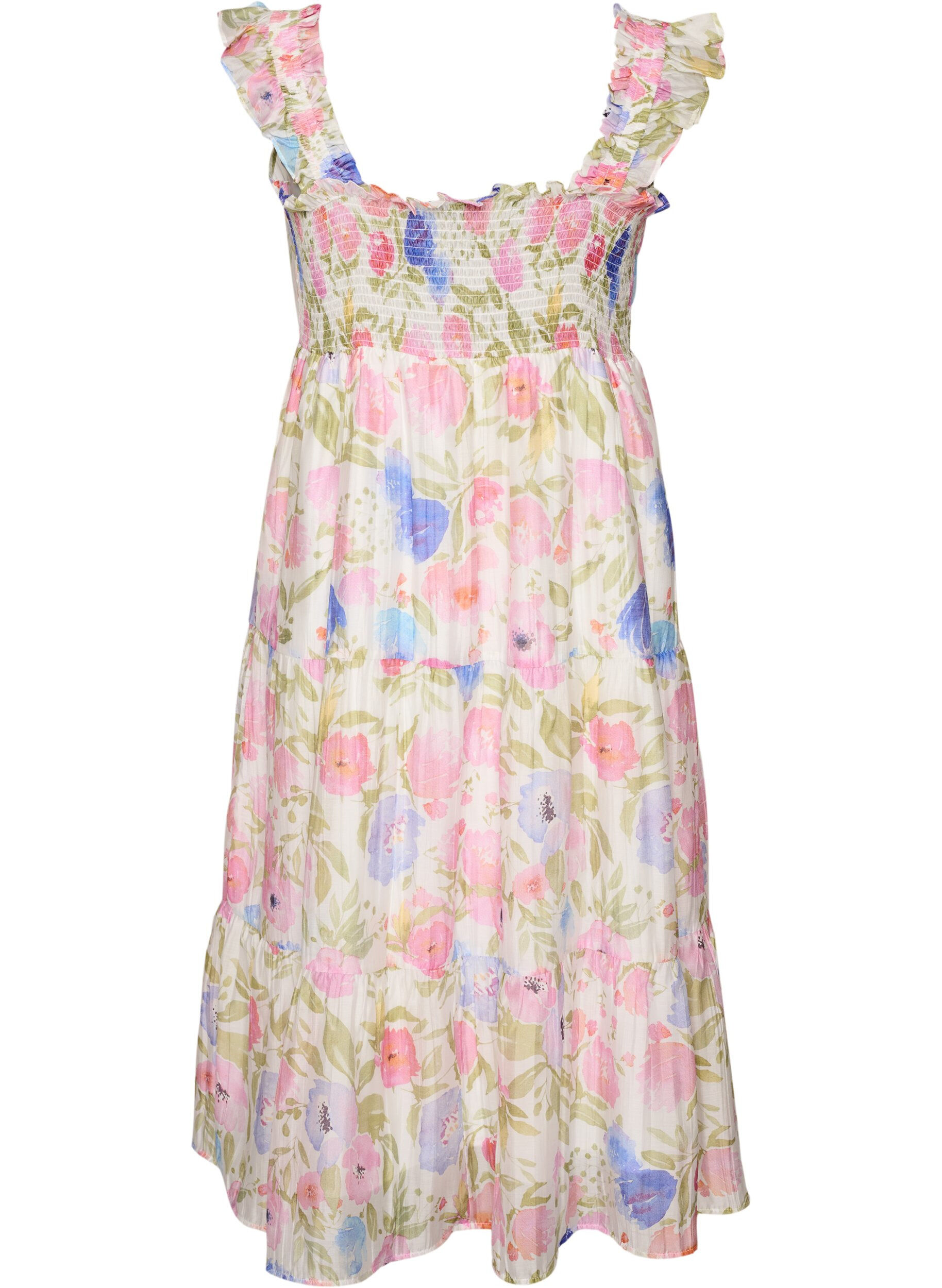 Zizzi Lang blomstrete kjole i lyocell med volanger, Hvit, Packshot image number 1