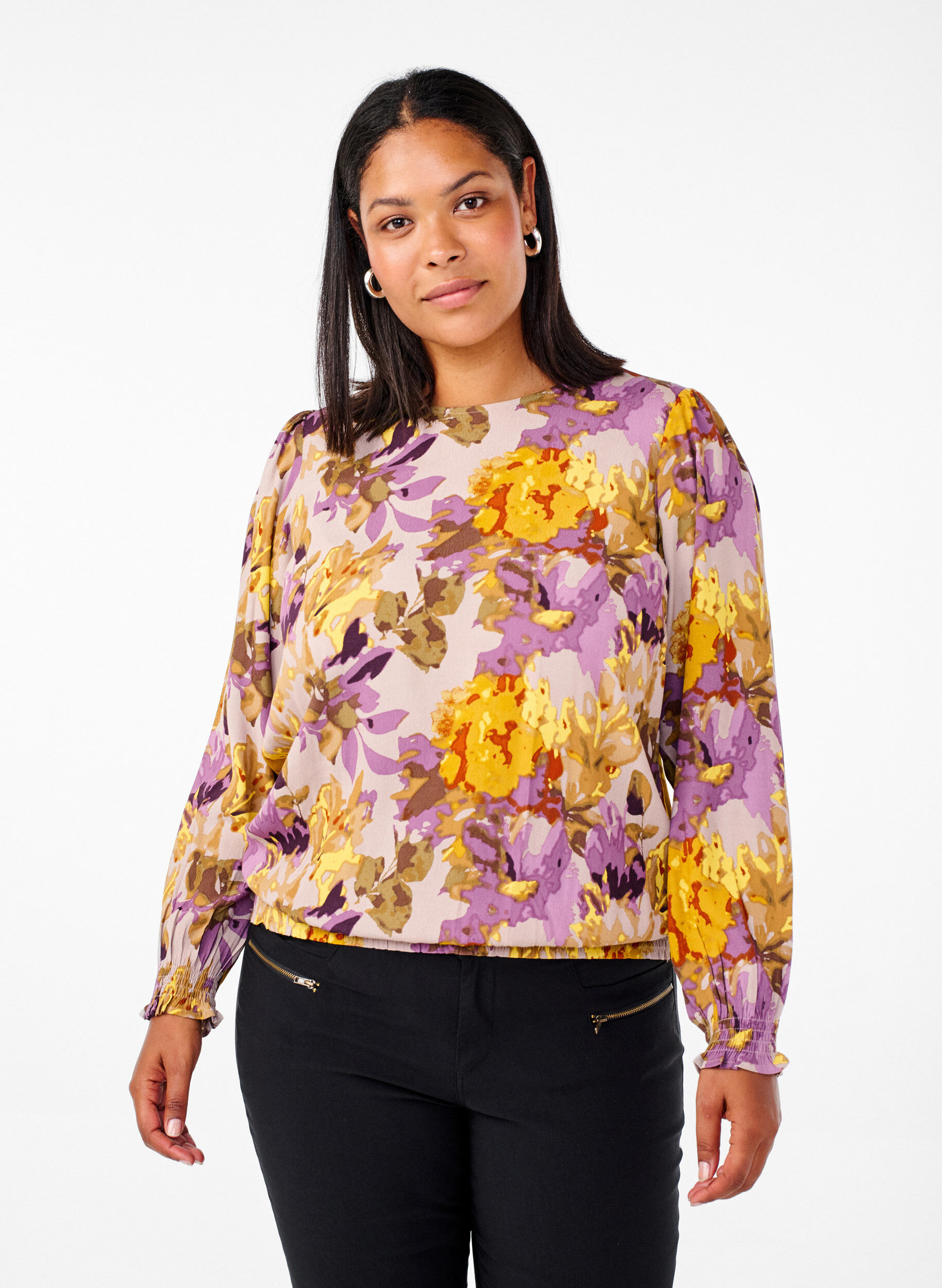 Zizzi Smockbluse med blomstertrykk, Purple Flower, Model image number 0