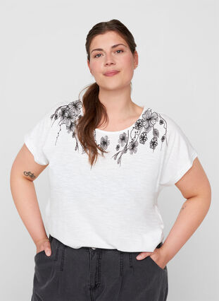 T-skjorte i bomull med mønster øverst, Bright White FLOWER, Model image number 0