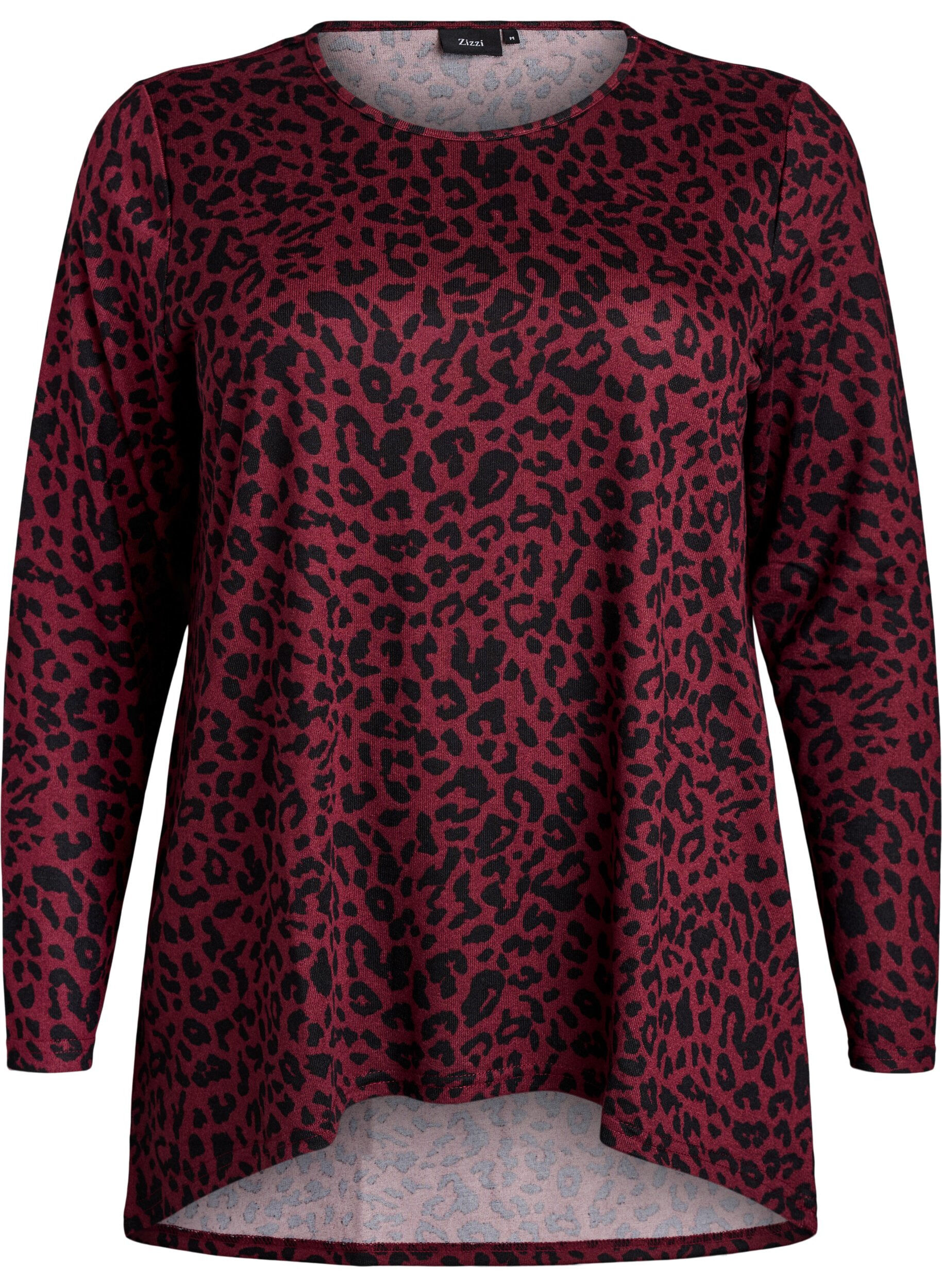 ZizziLeopardm&oslash;nstret bluse med lange ermer, M&oslash;rk Bordeaux, Packshot image number 0
