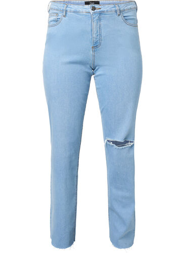 Gemma jeans med høyt liv og hull på kneet, Ex Lgt Blue, Packshot image number 0
