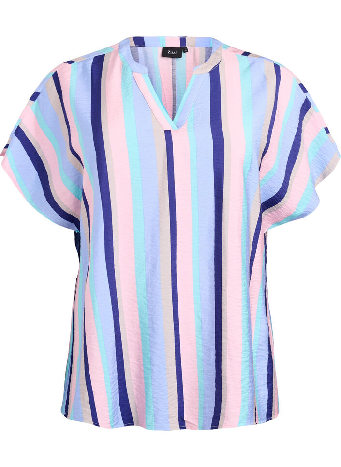 Stripete bluse i viskose med korte ermer, Pastel Stripe, Packshot