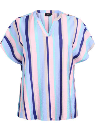 Zizzi Stripete bluse i viskose med korte ermer, Blå, Packshot image number 0