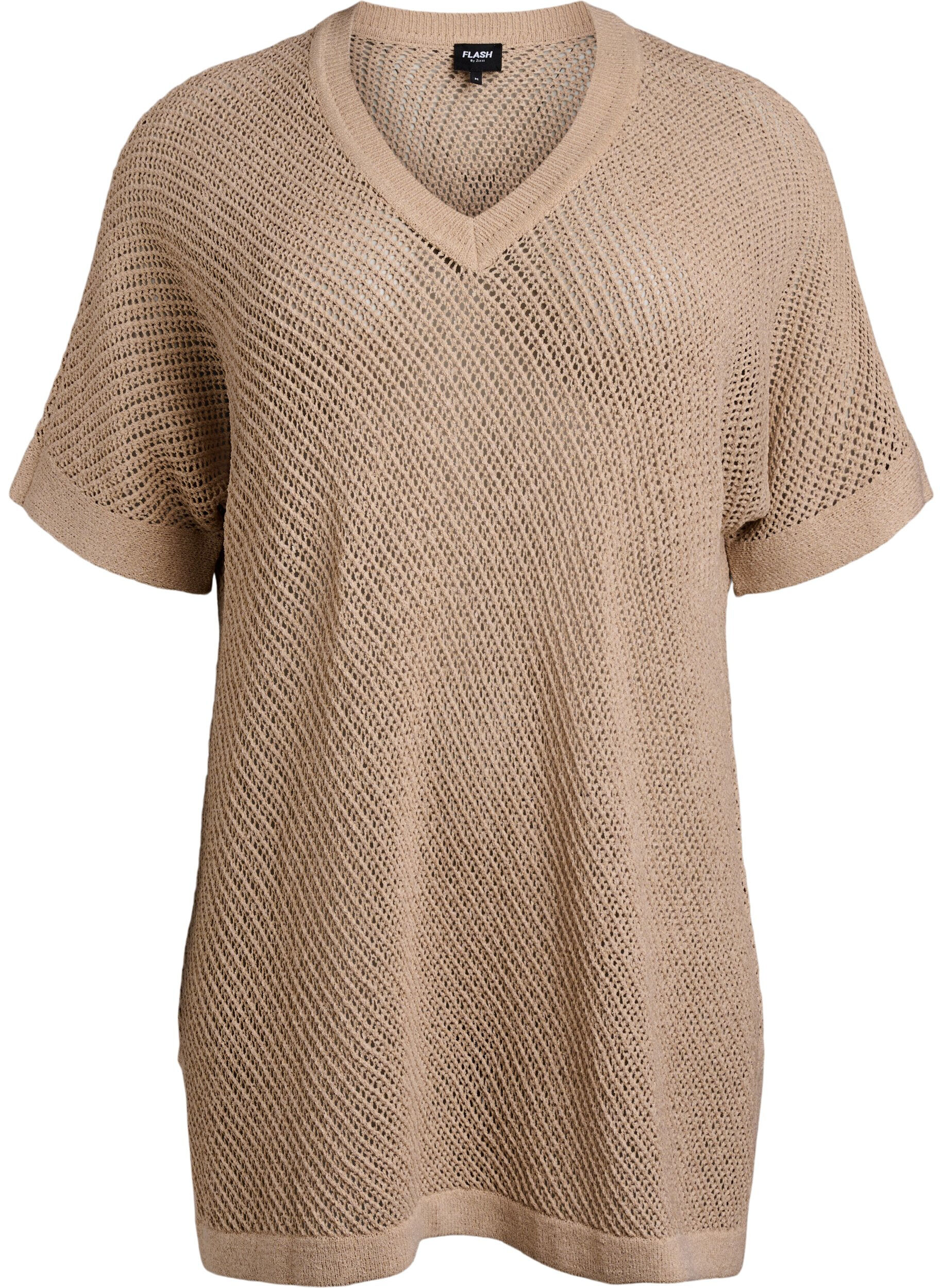 Zizzi FLASH - Kortermet strikket bluse med v-hals, Beige, Packshot image number 0