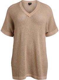 FLASH - Kortermet strikket bluse med v-hals, Beige FLASH - Kortermet strikket bluse med v-hals