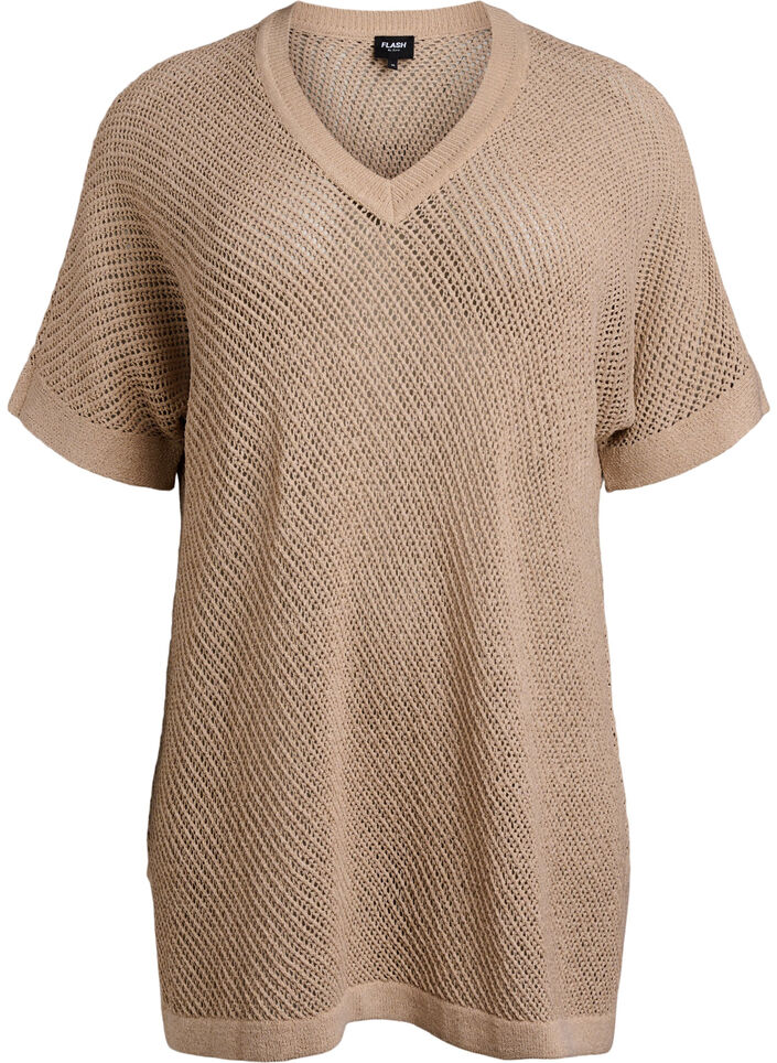 FLASH - Kortermet strikket bluse med v-hals, Beige, Packshot image number 0
