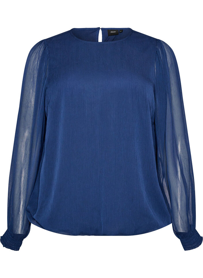 Chiffonbluse med gjennomsiktige ermer, Bl&aring;, Packshot image number 0