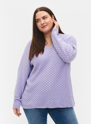 Mønstrete strikkegenser med V-hals, Lavender, Model image number 0