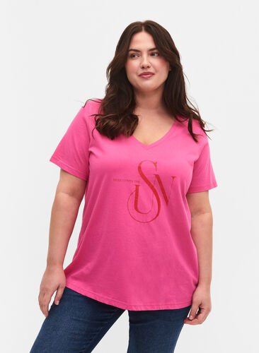 T-skjorte i bomull med trykk, Shocking Pink SUN, Model image number 0