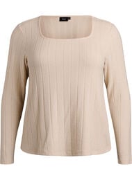 Jerseybluse med firkantet hals og ribbet tekstur, Beige