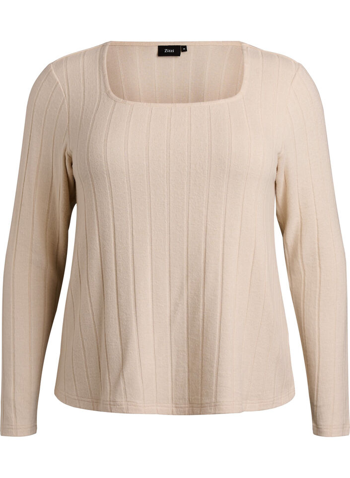 Jerseybluse med firkantet hals og ribbet tekstur, Beige, Packshot image number 0