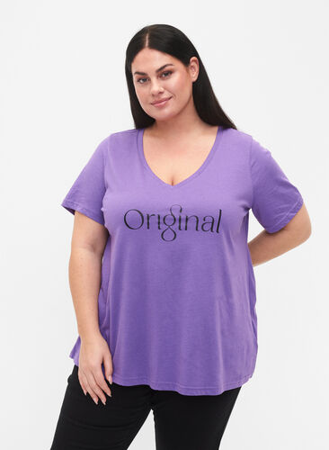 T-skjorte i bomull med trykk og V-hals, Deep Lavender ORI, Model image number 0
