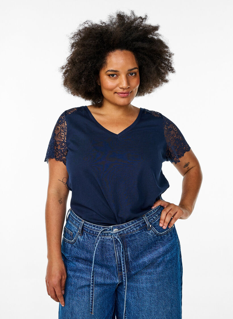 Bomull T-skjorte med korte blonderermer, Blå, Model image number 0