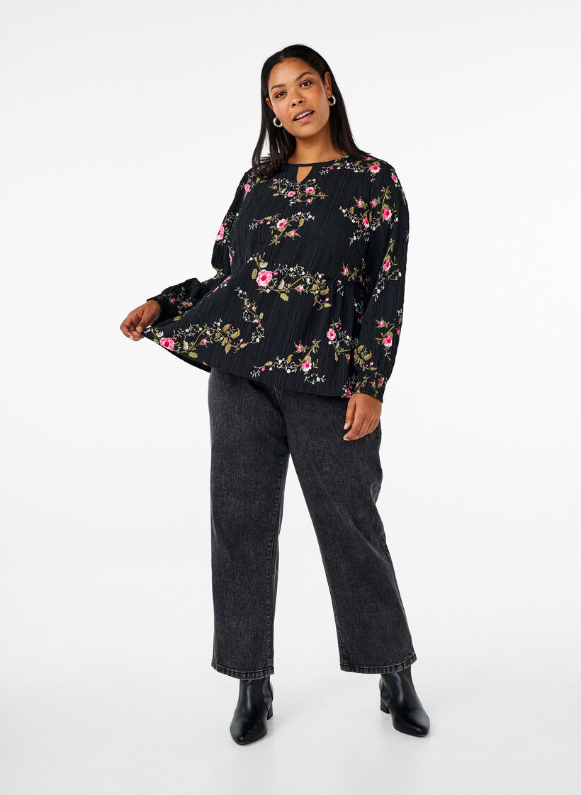 Langermet bluse med blomstertrykk, Svart, Model image number 1