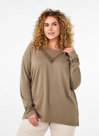 Bluse med broderidetaljer og lange ermer, Brun Bluse med broderidetaljer og lange ermer, Brun, Model