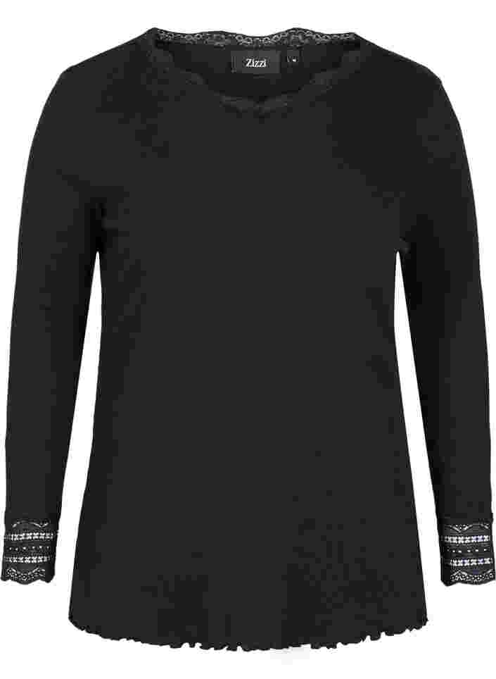 Langermet ribbet genser med blondedetaljer, Black, Packshot image number 0