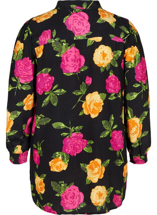 Blomstrete skjortebluse med knapper og smock, Black Flower AOP, Packshot image number 1