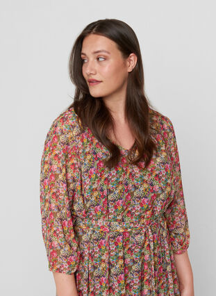 Zizzi Blomstrete midikjole med knyting i midjen, Pink Flower AOP, Model image number 2