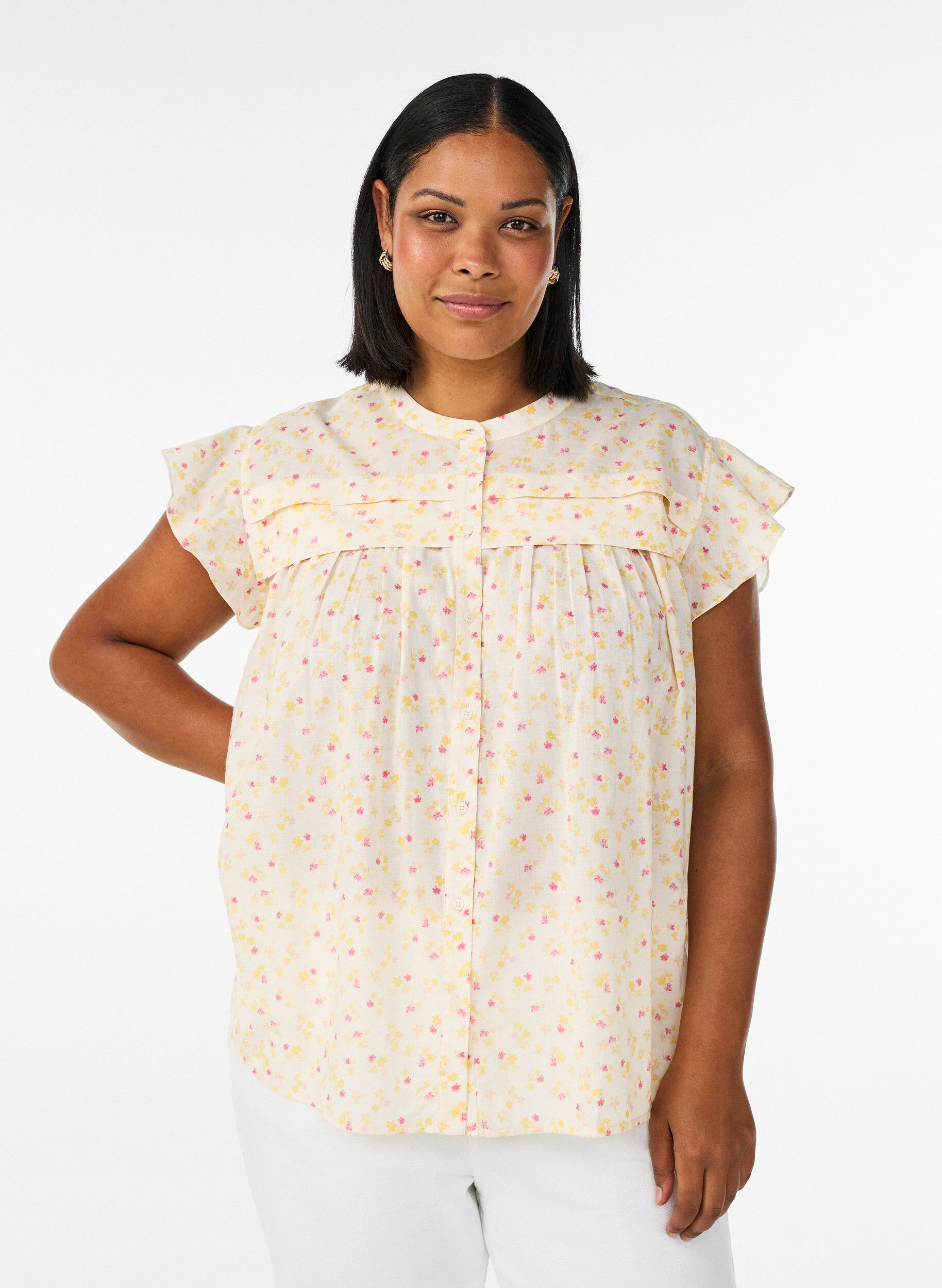 ZizziErmel&oslash;s A-linje bomullsskjorte bluse, Gul, Model image number 0