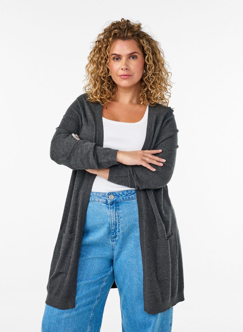 Lang strikkecardigan i viskoseblanding, Gr&aring;, Model image number 0
