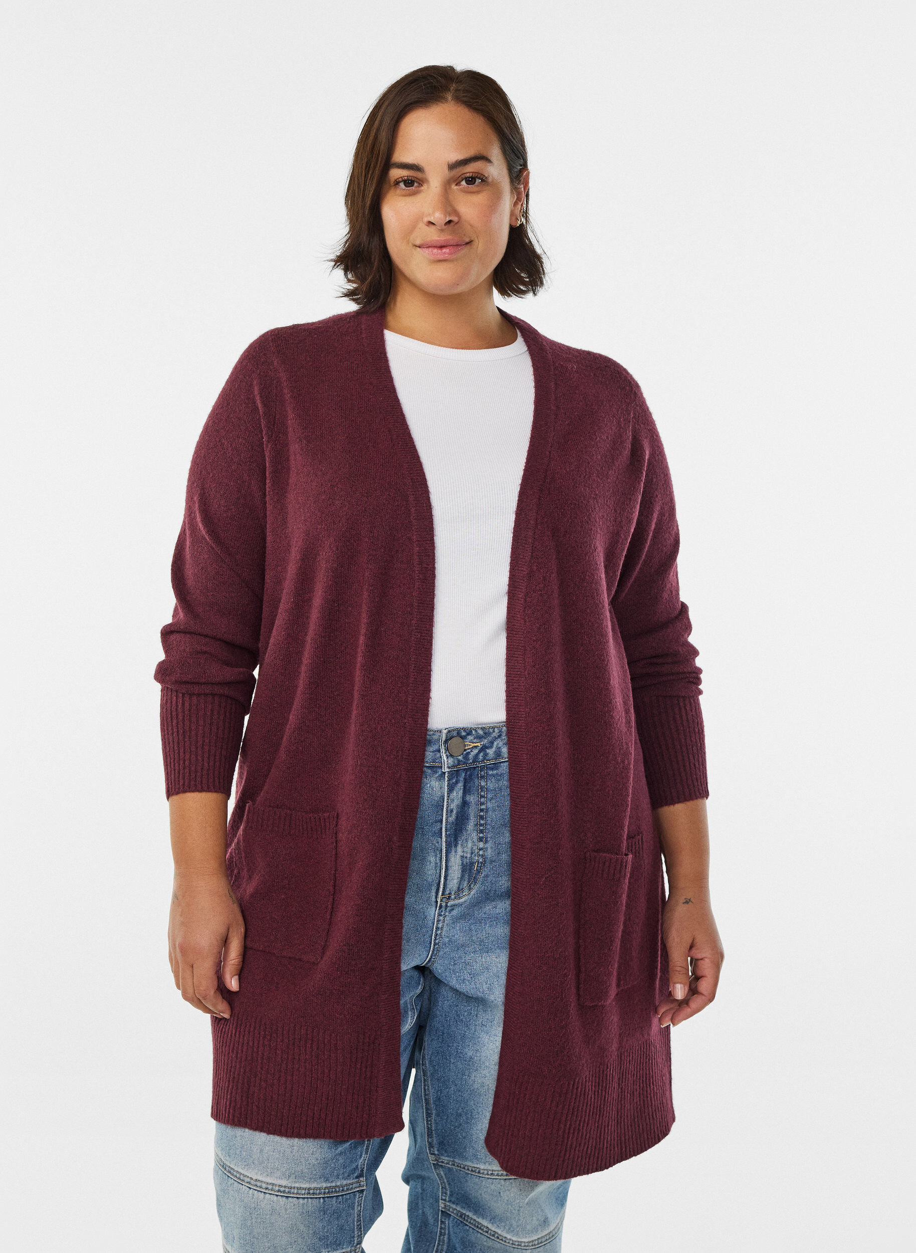 ZizziRibbestrikket cardigan med lommer, M&oslash;rk Bordeaux, Model image number 0