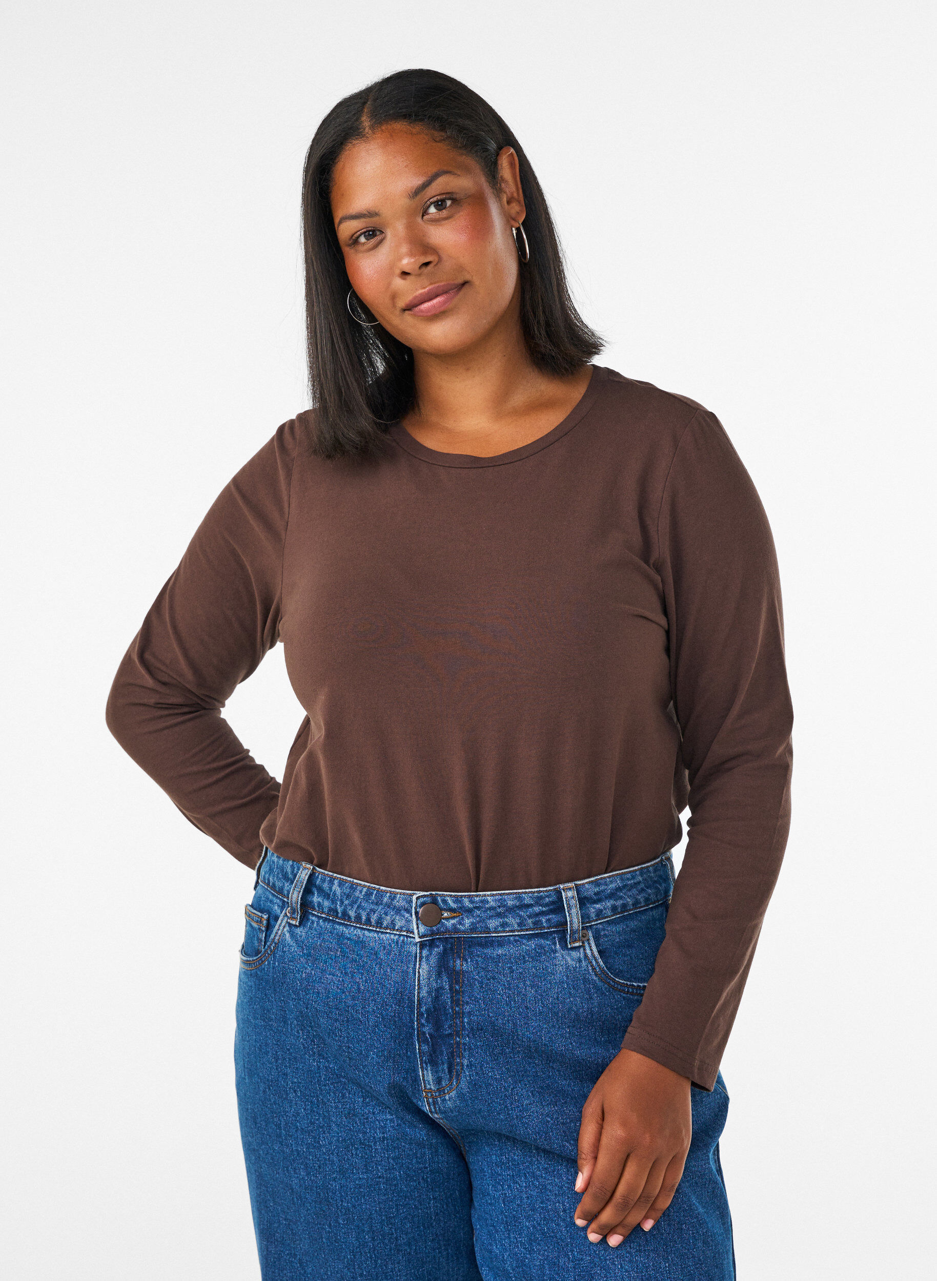 Basis jersey bluse med lange ermer, Brun, Model