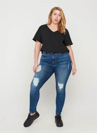 Amy jeans med høyt liv og slitte detaljer, Blue denim, Model image number 0