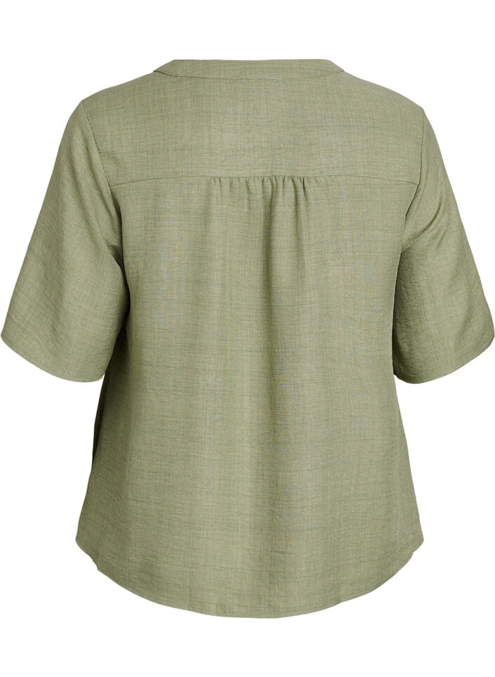 Skjortebluse med V-hals eog korte ermer, Grønn, Packshot image number 1