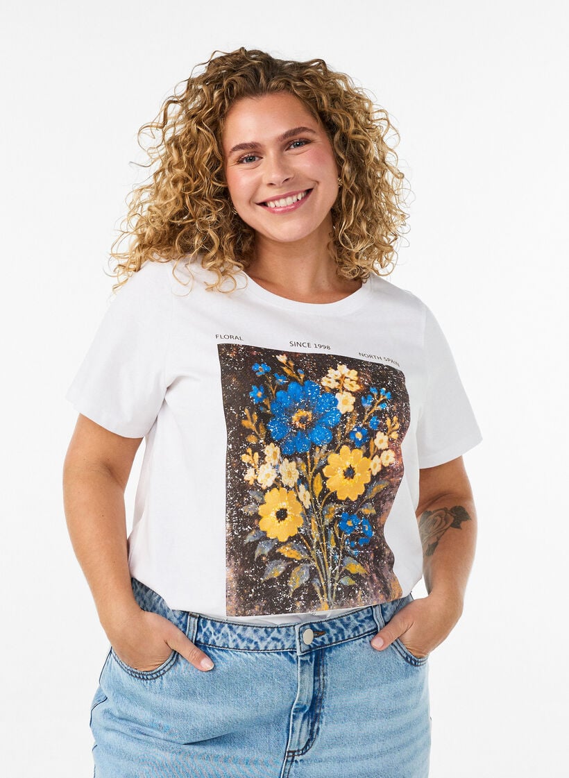 Bomulls T-skjorte med trykk foran, Hvit, Model image number 0