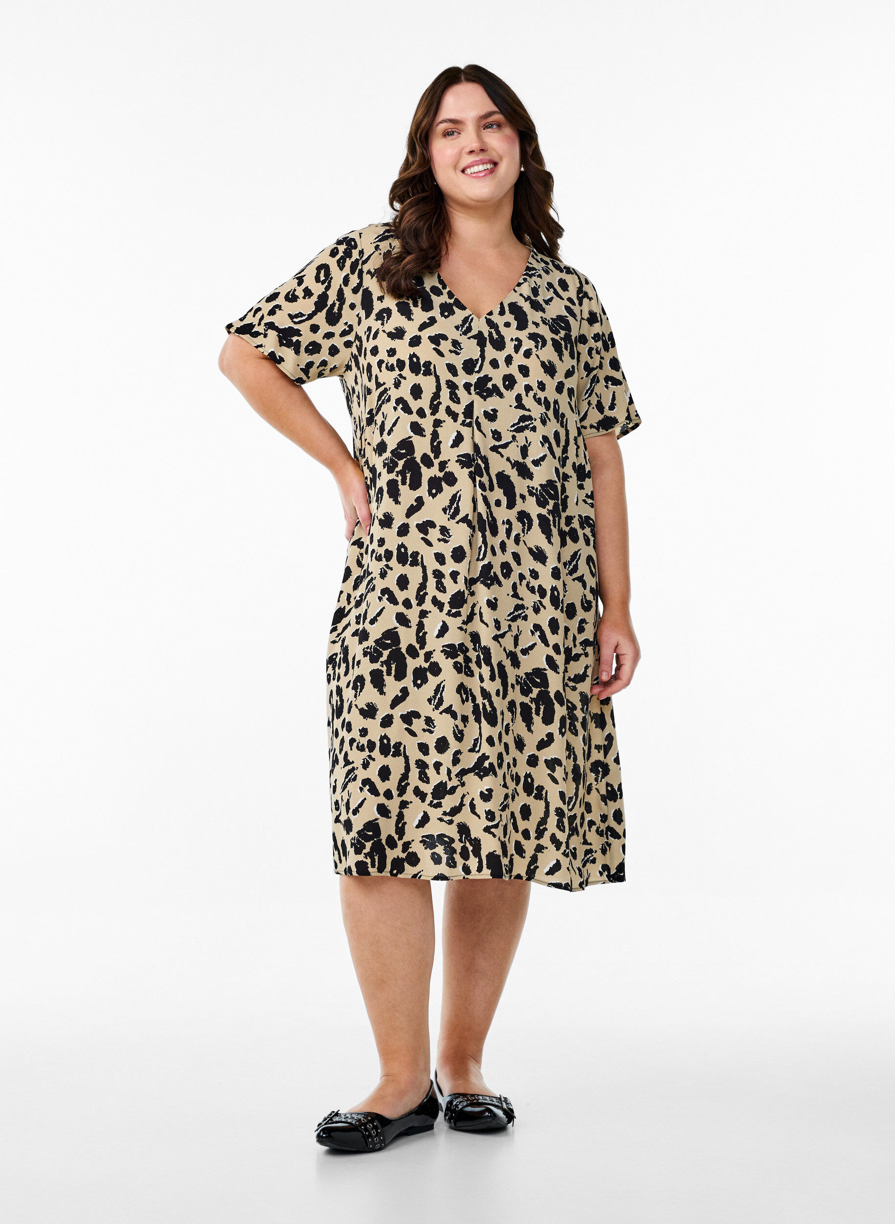 Zizzi Viskose A-line kjole, Beige, Model image number 1