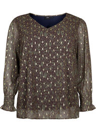 Blomstret bluse med lange ermer og V-hals, Green Ethnic AOP