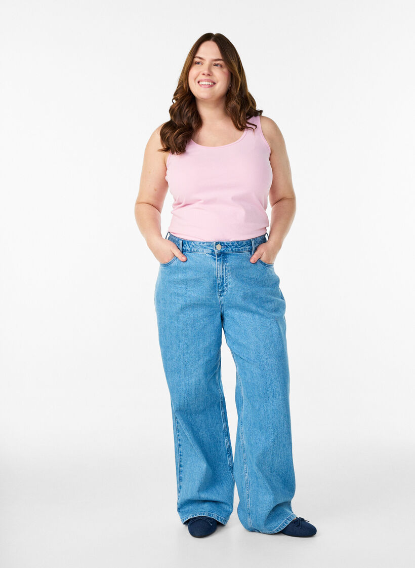 Ensfarget basic topp i bomull, Rosa, Model image number 1