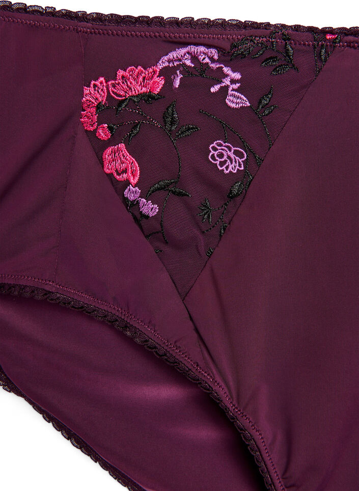 Truser i mikrofiber med blomsterbroderi, Lilla Truser i mikrofiber med blomsterbroderi, Lilla, Packshot