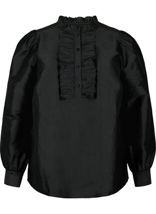 Skinnende skjortebluse med volanger, Black, Packshot image number 0