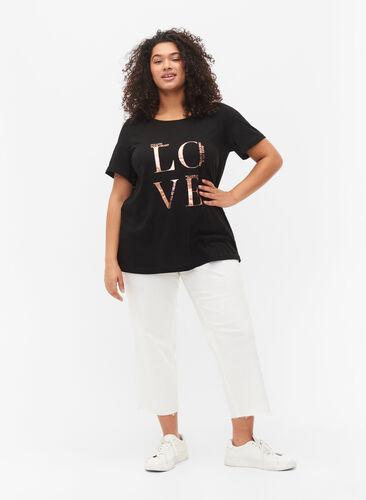 Kortermet T-skjorte i bomull med trykk, Black W. Love , Model image number 3