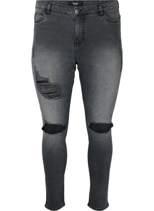 Tettsittende jeans med detaljer, Grey Denim, Packshot image number 0