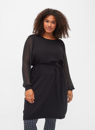 Strikket kjole med transparente ermer, Black, Model image number 0
