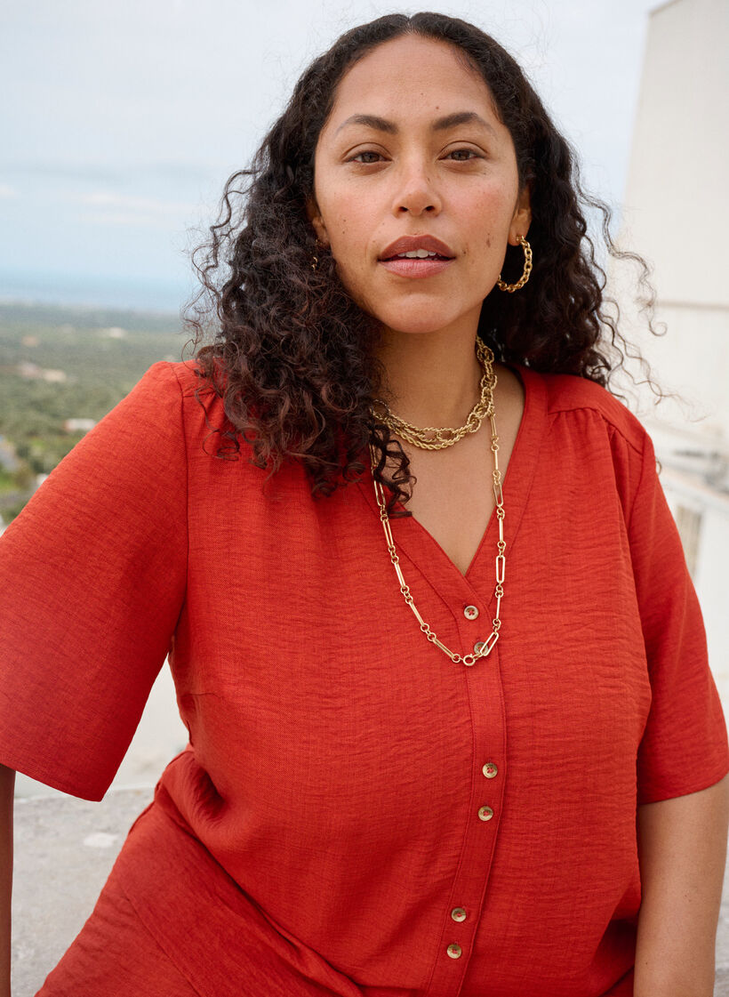 Skjortebluse med V-hals eog korte ermer, R&oslash;d, Image image number 0