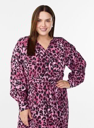 Zizzi Midikjole med knappelukking og knytebelte, Rosa, Model image number 2