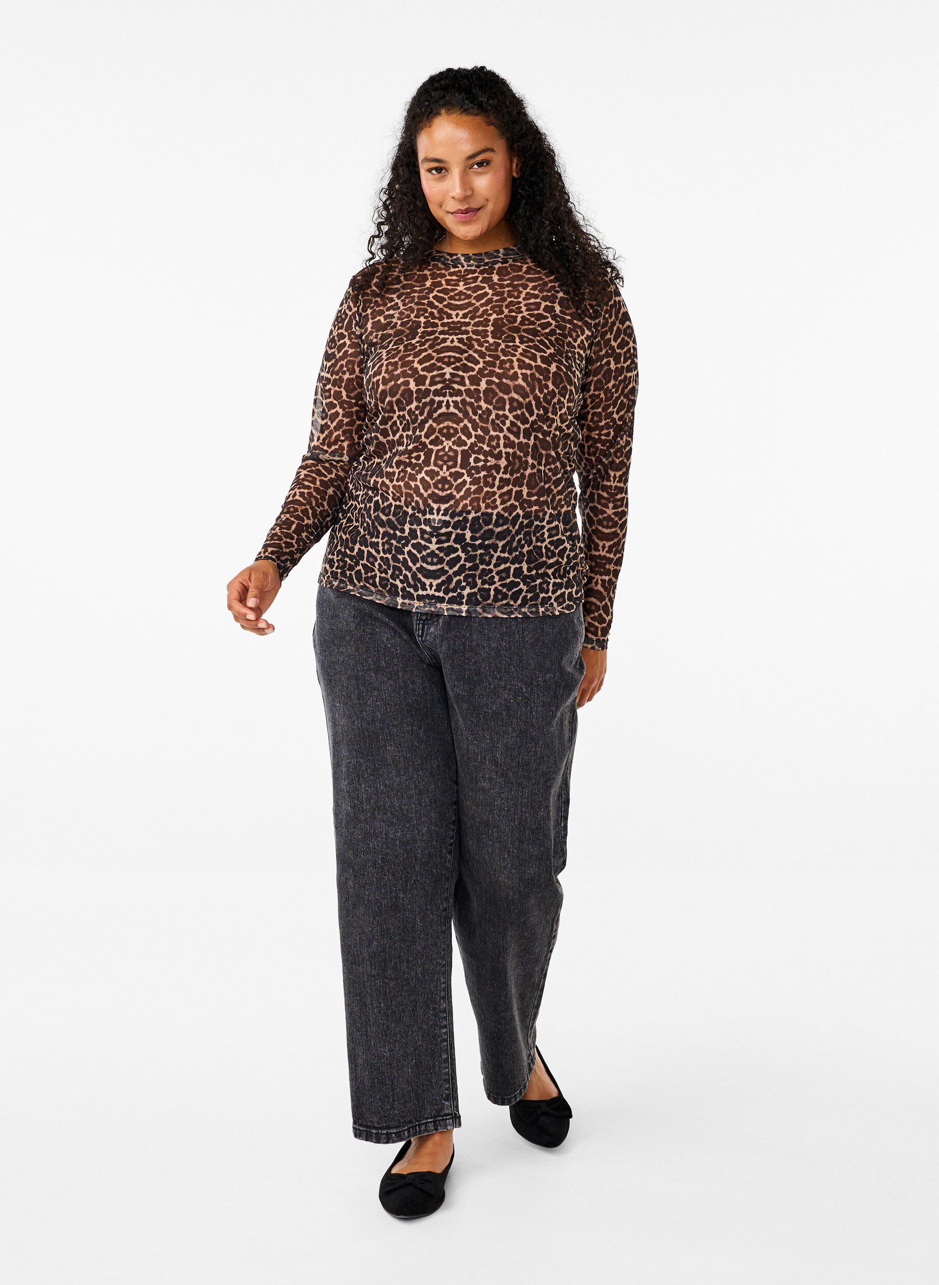 Zizzi Bluse i mesh med leopardm&oslash;nster, Brun, Model image number 1