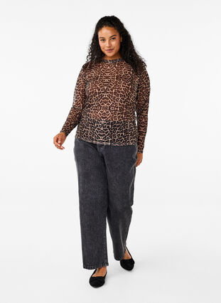 Zizzi Bluse i mesh med leopardmønster, Brun, Model image number 1