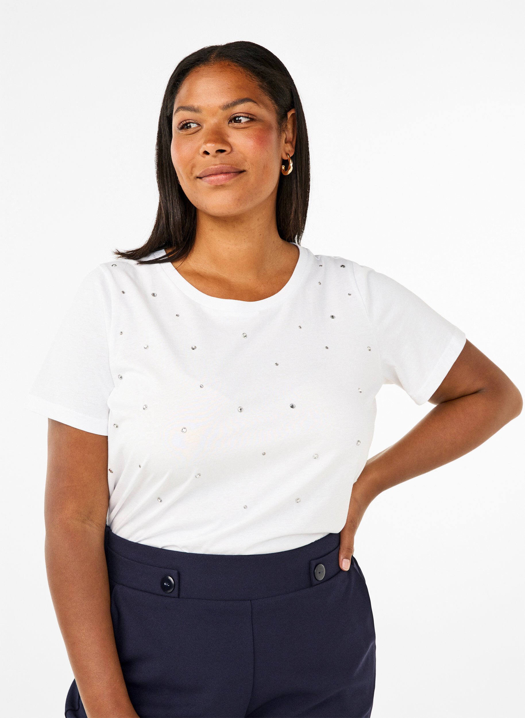Zizzi T-skjorte i bomull med rhinestones, Bright White, Model image number 0