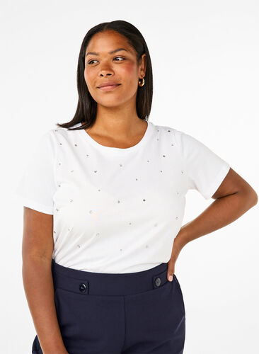 Zizzi T-skjorte i bomull med rhinestones, Bright White, Model image number 0