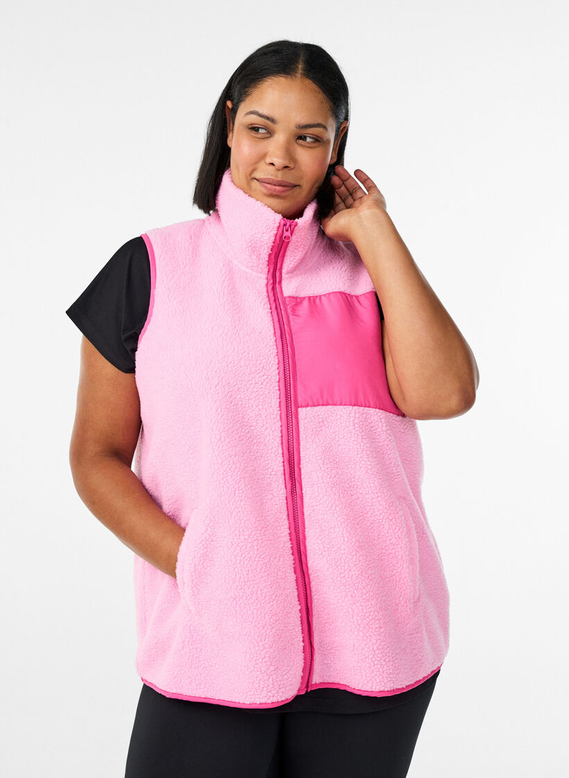 Teddy fleece vest med glidel&aring;s og kontrastdetaljer, Rosa, Model image number 0