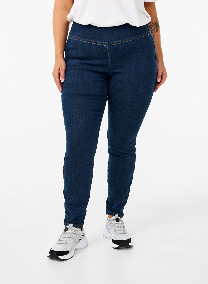 Elastiske jeggings med høy midje, Dark Blue, Model image number 2