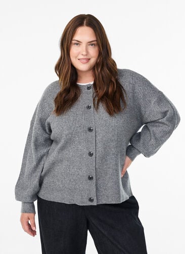 Zizzi Ribbestrikket cardigan med knapper, Grå, Model image number 0