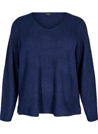 Strikket bluse med v-hals og lange ermer, Naval A. Black Mel. Strikket bluse med v-hals og lange ermer
