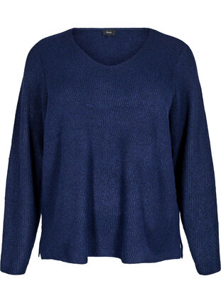 Zizzi Strikket bluse med v-hals og lange ermer, Naval A. Black Mel., Packshot image number 0