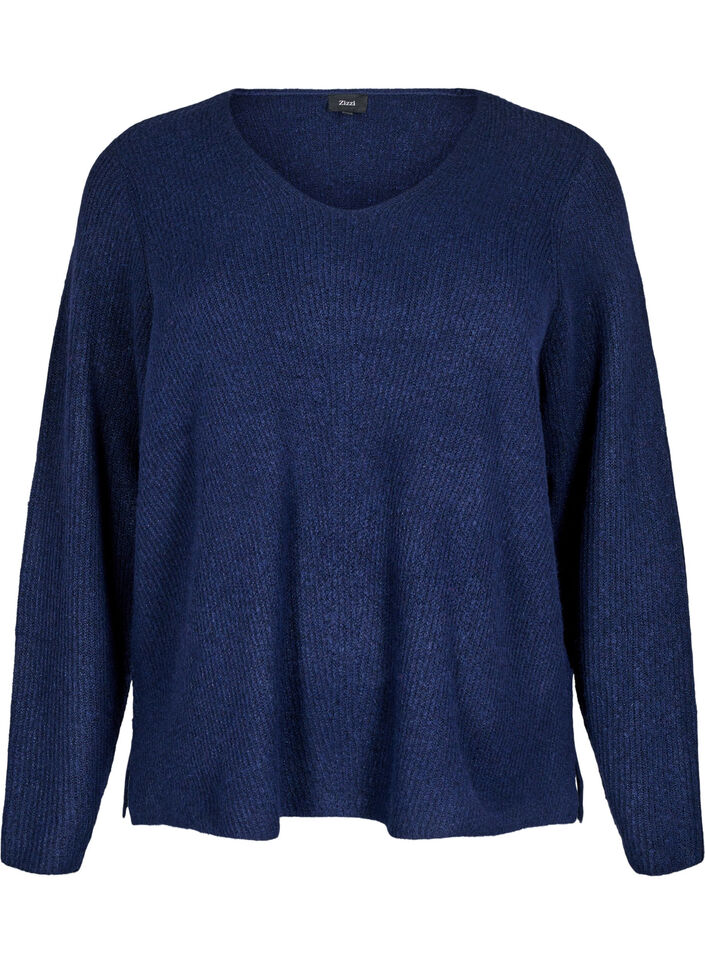 Strikket bluse med v-hals og lange ermer, Naval A. Black Mel., Packshot image number 0