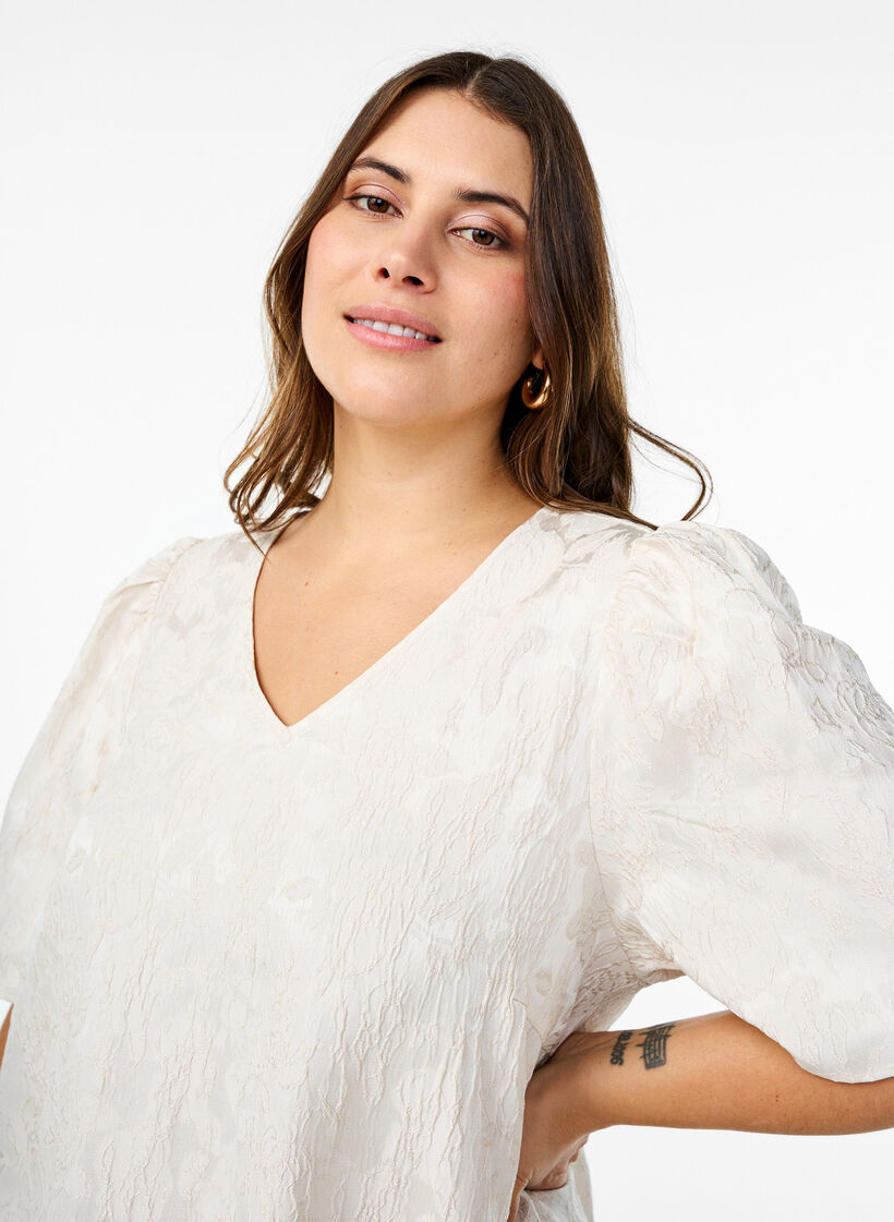 Knelang jacquard kjole med korte ermer, Whisper White, Model